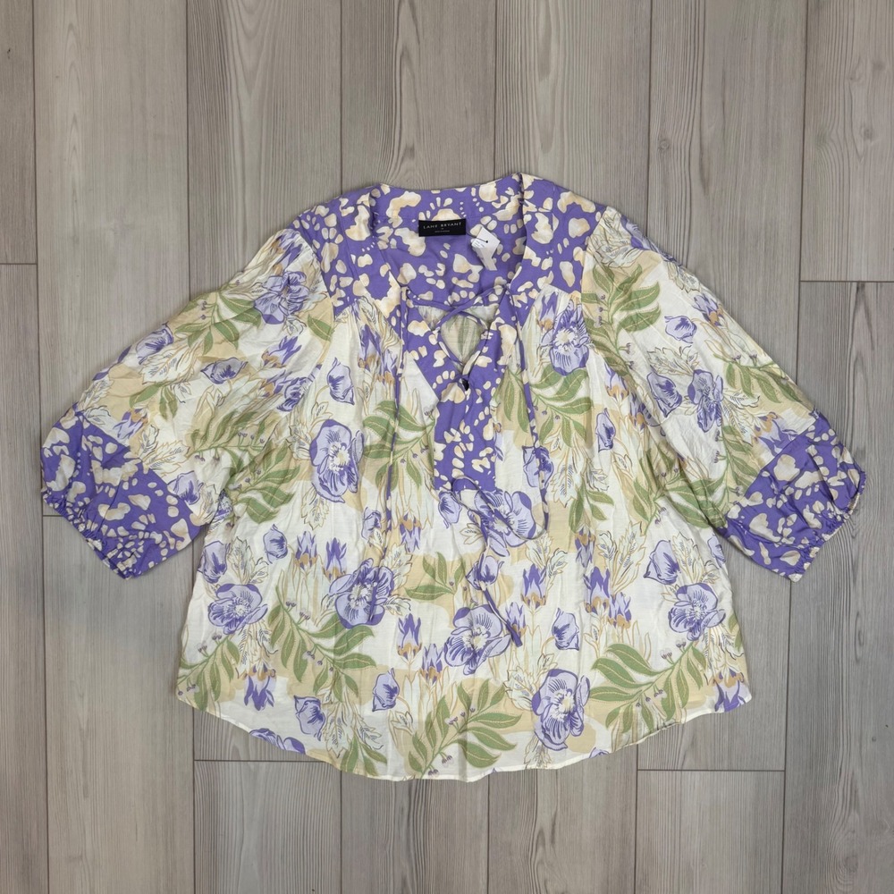Lane Bryant Purple Floral Lace Up Peasant Blouse Top Plus Size 18 NWT 1149797